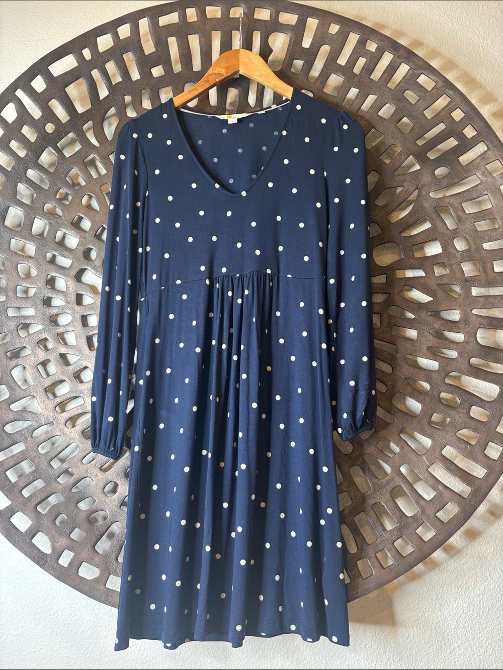 💙Boden Navy Blue Polka Dot V-Neck Dress Petite 4P Stretch Long Sleeve Flowy💙